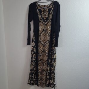 Soft Surroundings Elegant Black and Gold Long Sleeve Dress Maxi Size XS